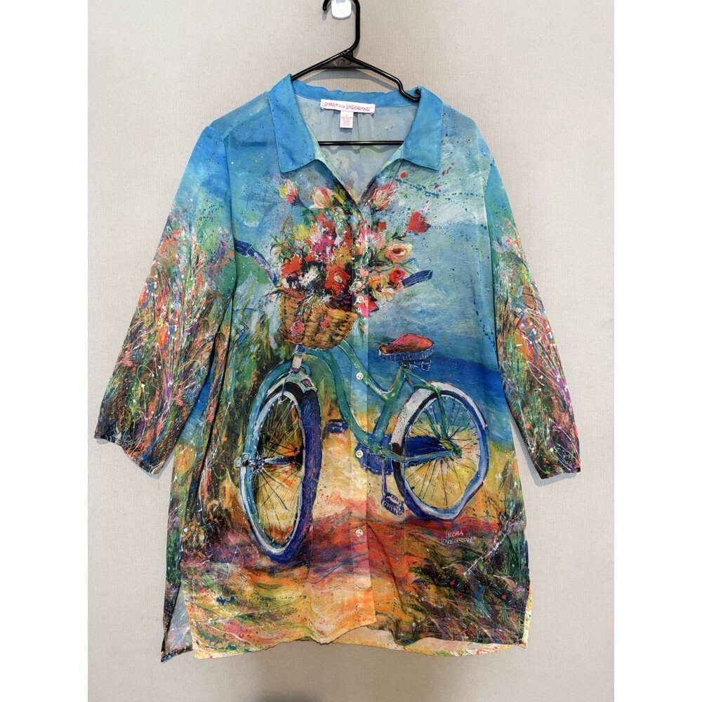 Leoma Lovegrove Beach Bicycle Tunic Top Medium Flower Print Art to Wear Shirt